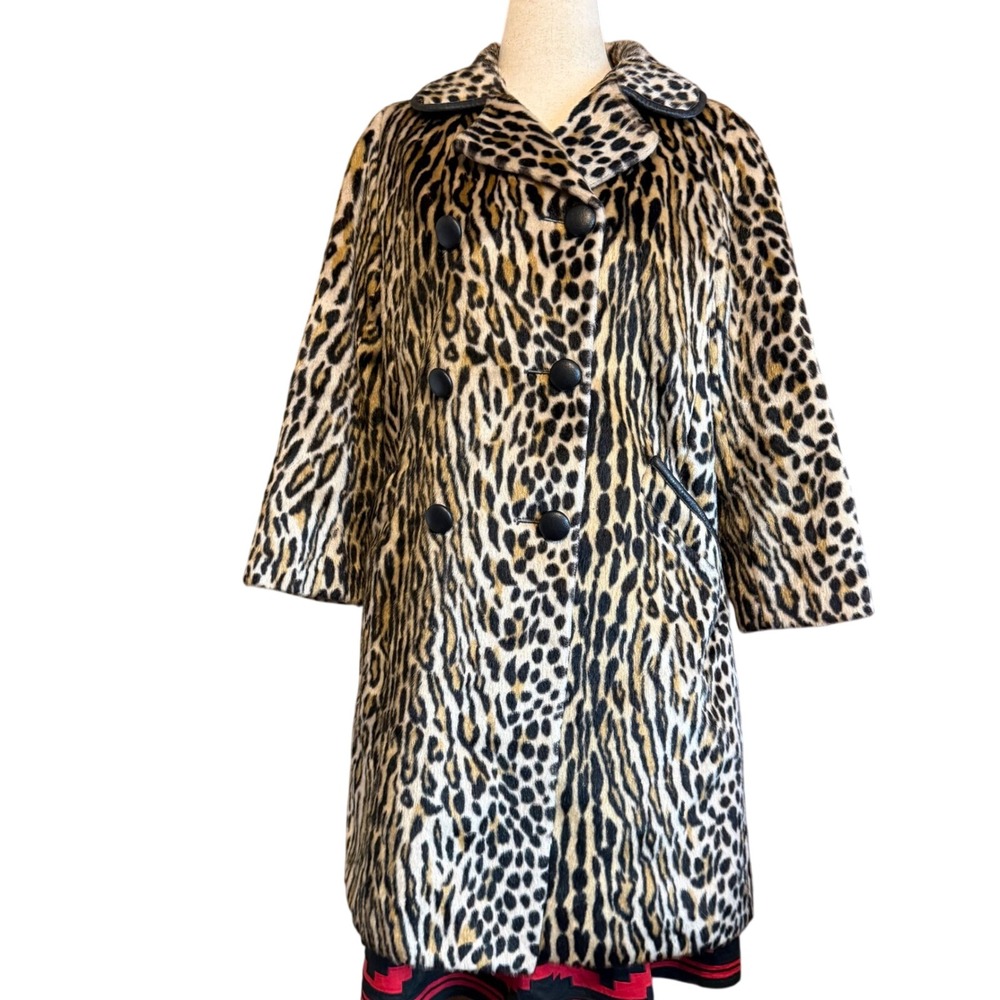 Vintage Safari Sportowne Leopard Faux‎ Fur Coat Double Breasted Animal Print L